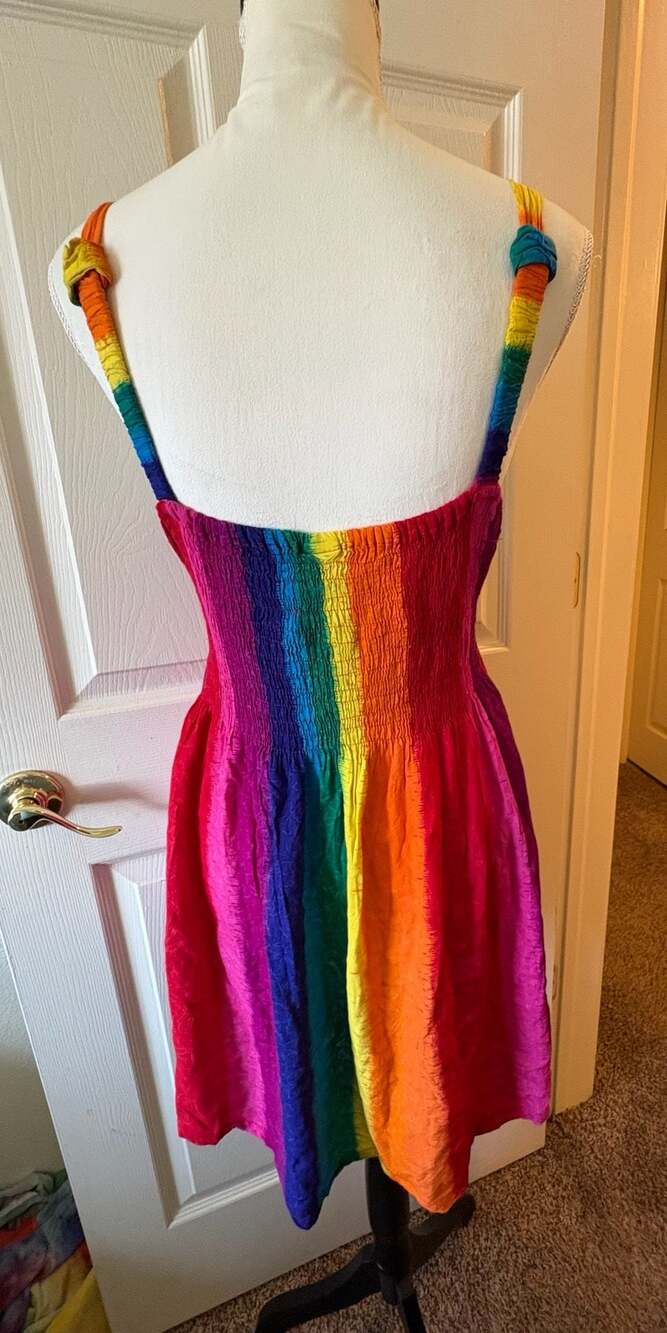 Romchard Rainbow Striped Crinkle Fabric V-Neck Sundress - Picture 2 of 14